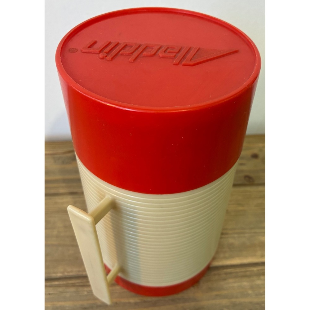 Aladdin HY-LO Thermos Bottle Wide Mouth Vintage Pint Tan Red